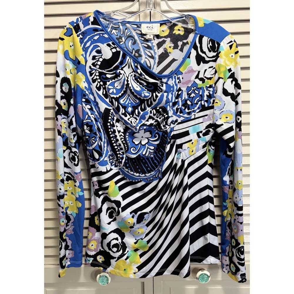 Eci Floral/Paisley Blue/Yellow Long Sleeve‎ Pleated Blouse Size Medium Boho